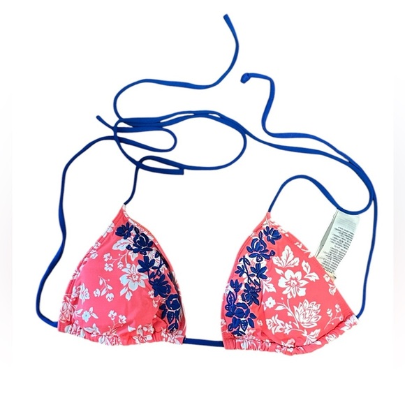 Abercrombie & Fitch Coral Floral Triangle Bikini Top with Blue Straps Size Small - Picture 1 of 4